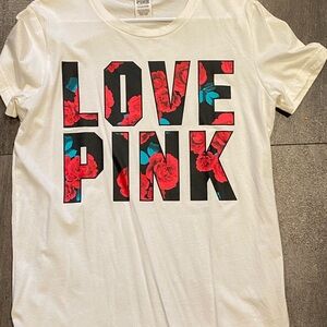 PINK Victoria's Secret White Tee with Red Floral Print